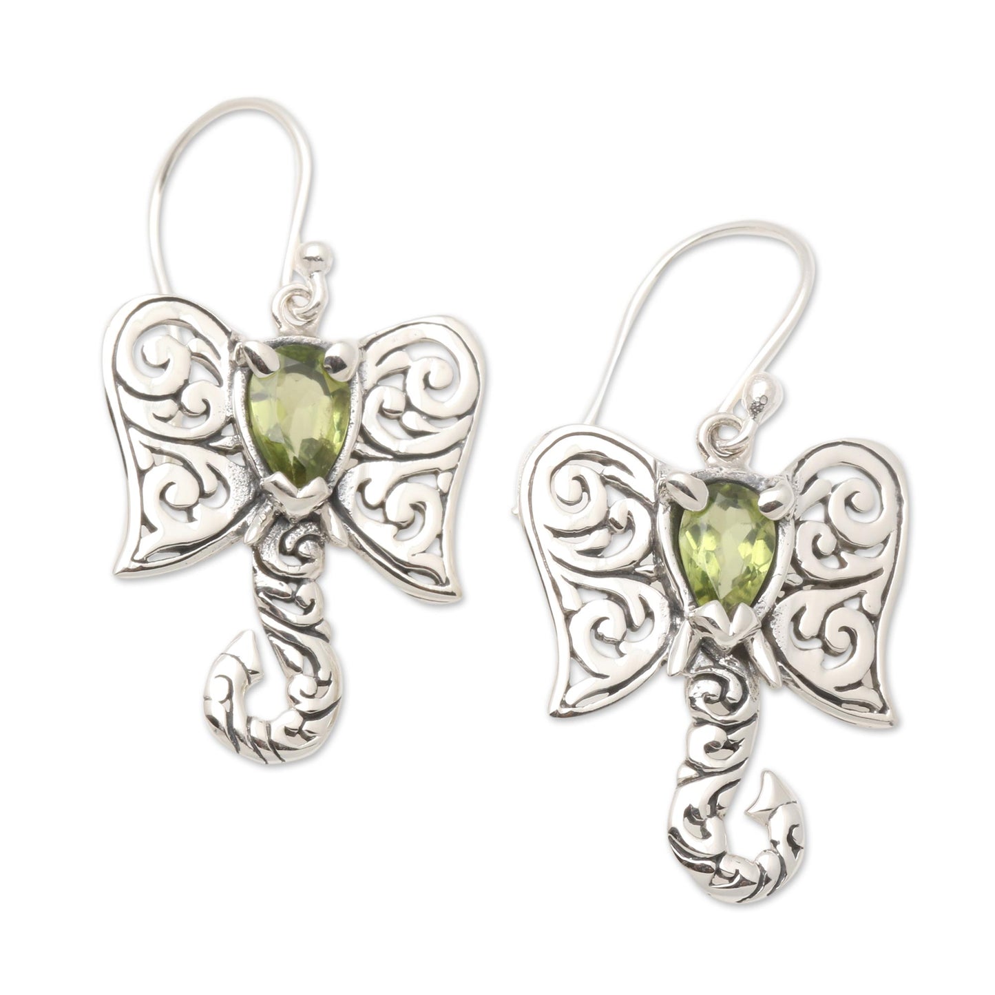 Elephant Fancy Artisan Crafted Balinese Silver Elephant Peridot Earrings