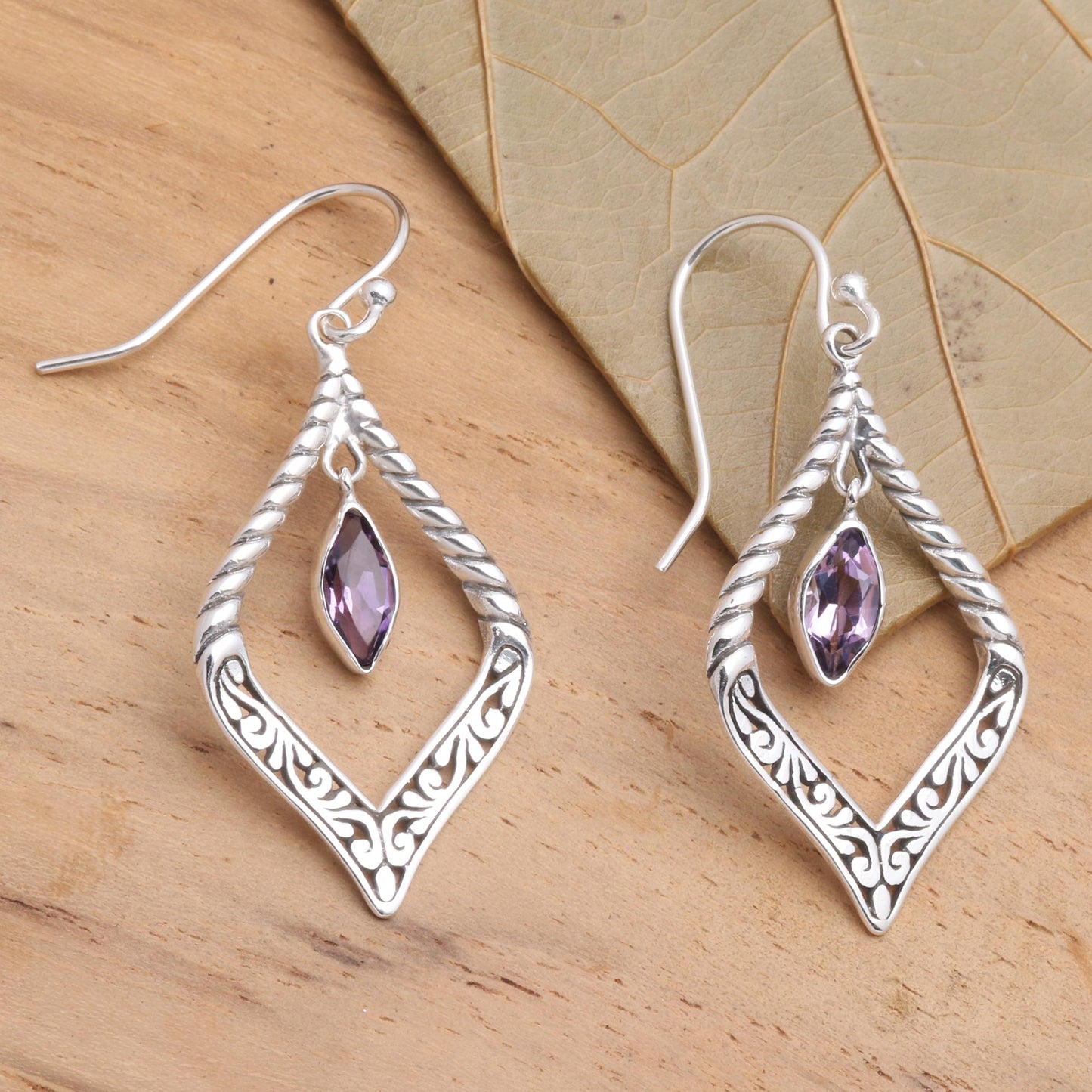 Island Queen Sterling Silver and Amethyst Fair Trade Balinese Earrings