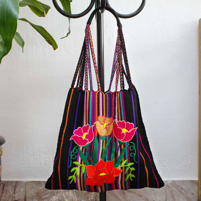 Night Poppies Poppy Embroidered Handwoven Black Cotton Mexican Morral Tote