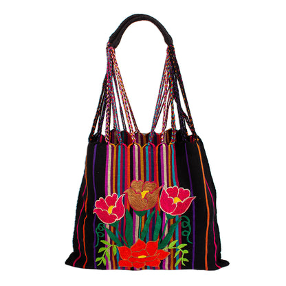 Night Poppies Poppy Embroidered Handwoven Black Cotton Mexican Morral Tote