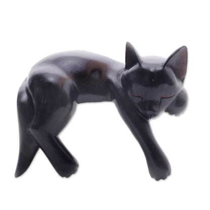 Black Catnap Balinese Signed Hand-Carved Sleeping Black Cat Sculpture