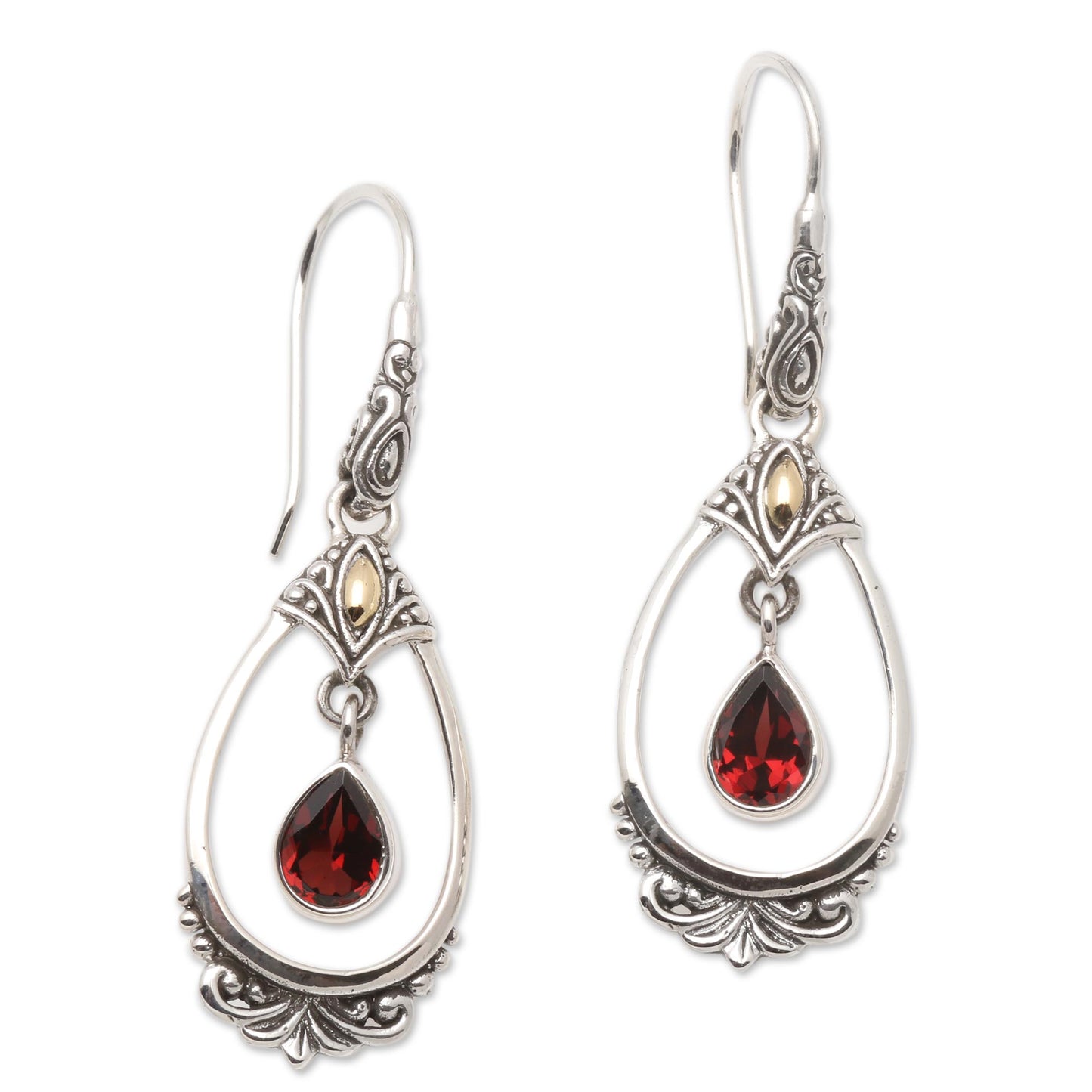 Victoriana Sterling Silver Garnet Earrings with Gold Accents