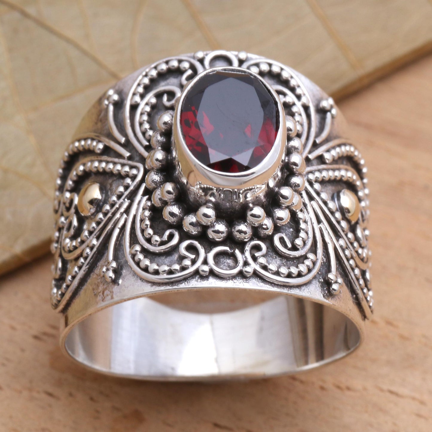 Oval Crimson Glow Balinese Silver and Oval Garnet Ring with Gold Accents