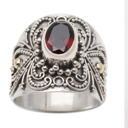 Oval Crimson Glow Balinese Silver and Oval Garnet Ring with Gold Accents