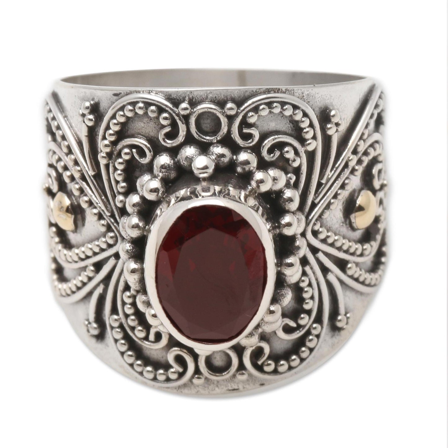 Oval Crimson Glow Balinese Silver and Oval Garnet Ring with Gold Accents