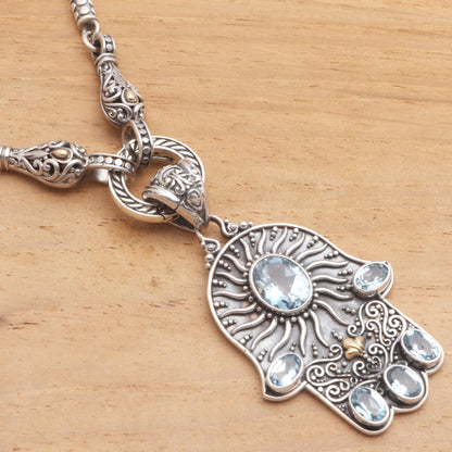 Dazzling Hamsa Blue Topaz Hamsa Hand Pendant Necklace