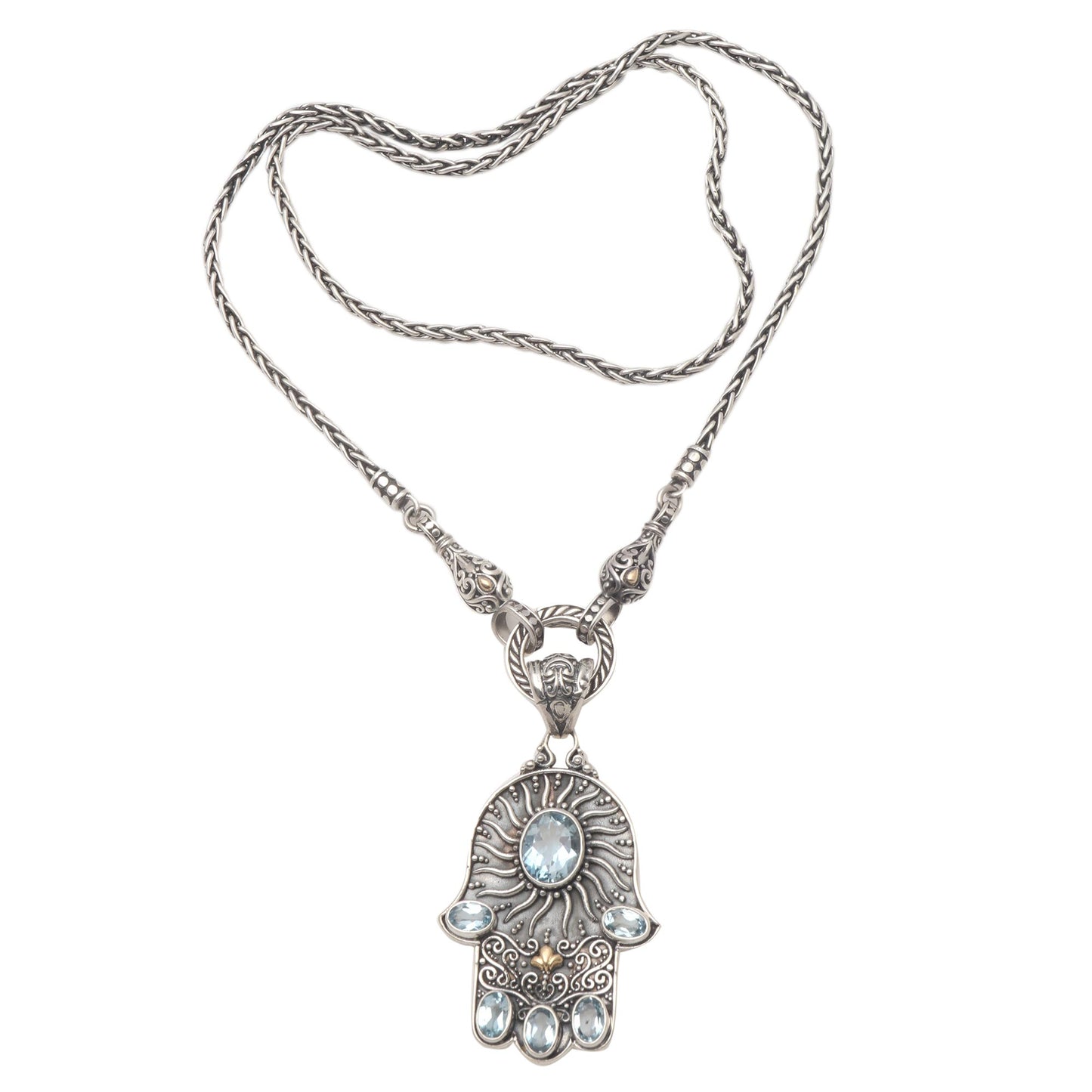 Dazzling Hamsa Blue Topaz Hamsa Hand Pendant Necklace