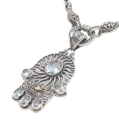 Dazzling Hamsa Blue Topaz Hamsa Hand Pendant Necklace