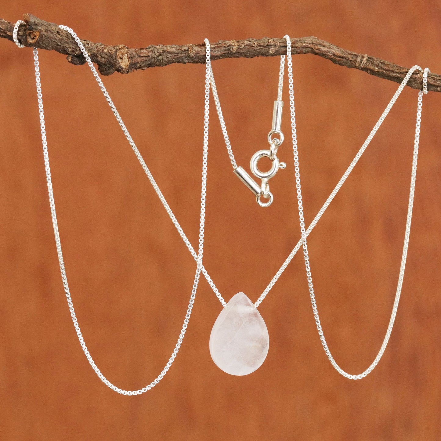 Love Drop Contemporary Brazilian Rose Quartz and Silver 16