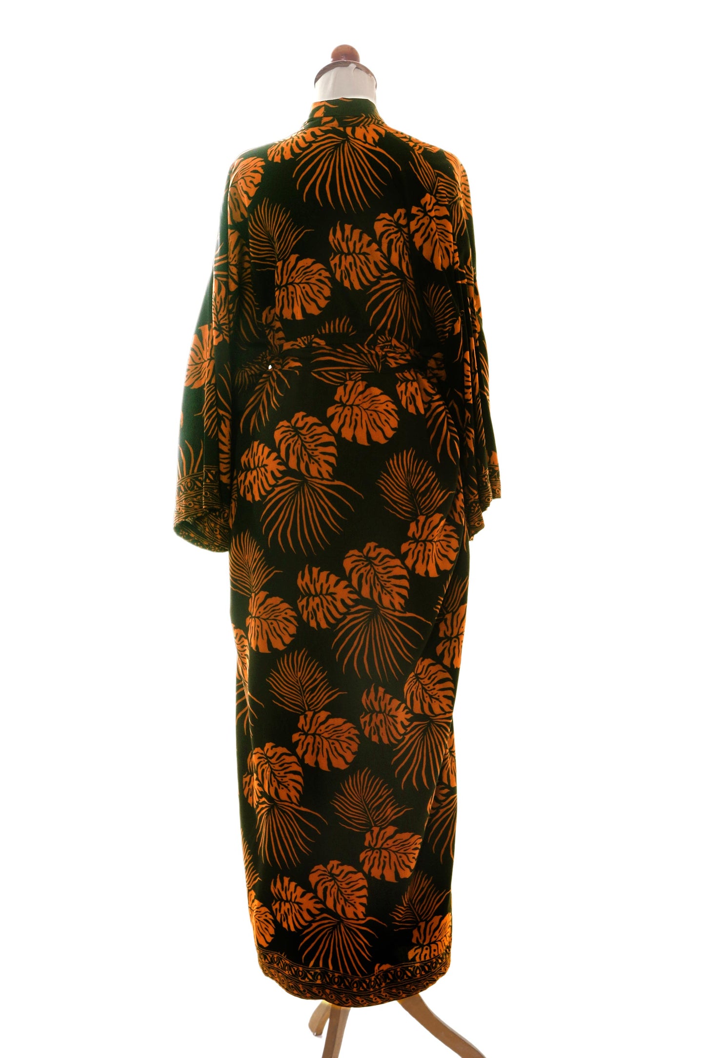 Tropical Leaves Hand Stamped Black and Spice Rayon Long Robe from Bali