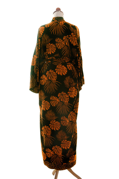 Tropical Leaves Hand Stamped Black and Spice Rayon Long Robe from Bali