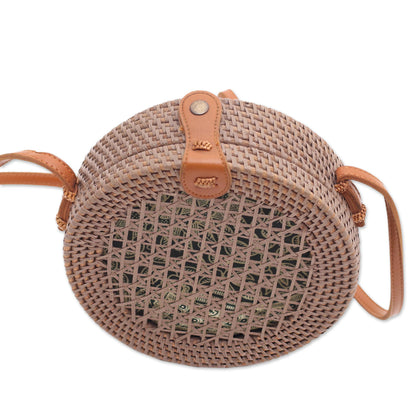 Brown Trellis Round Woven Bamboo Shoulder Bag in Brown