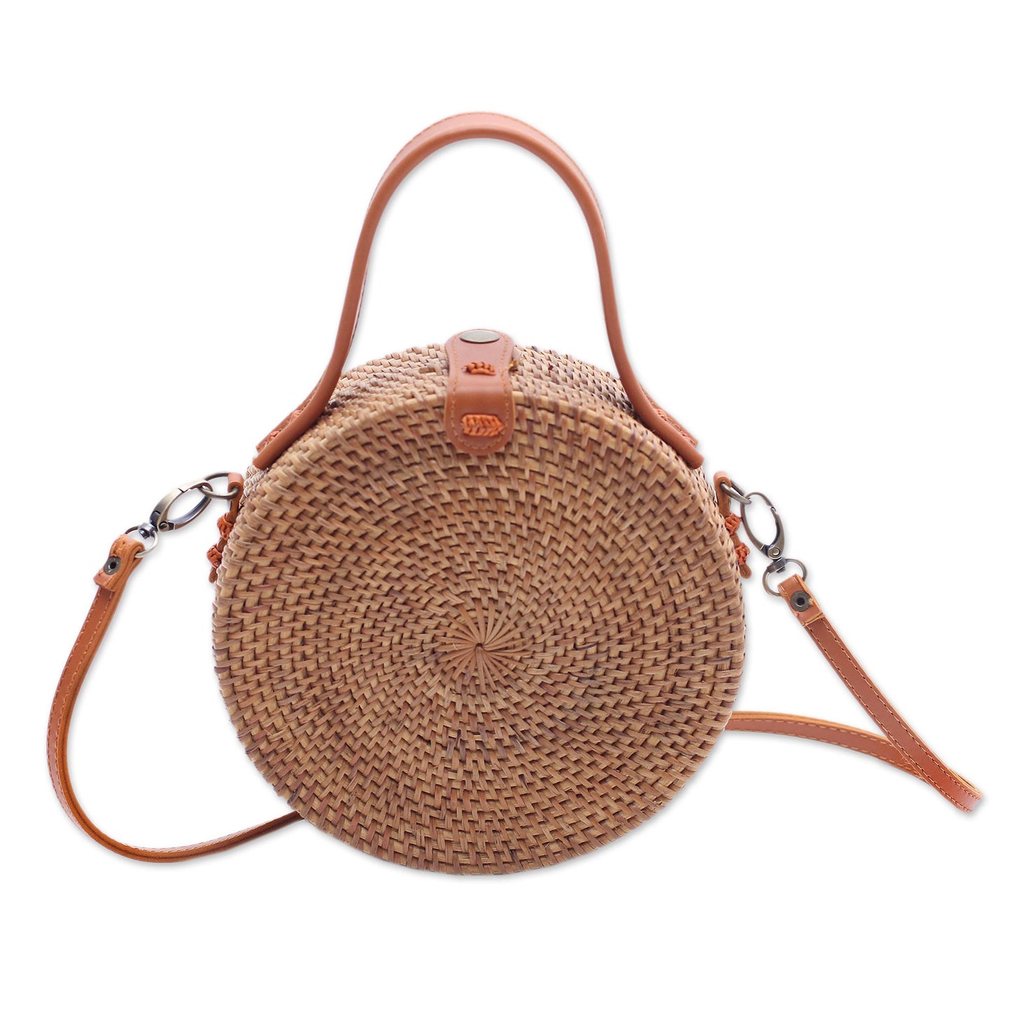 Brown Wheel Round Brown Woven Bamboo Shoulder Bag from Bali (8 inch)