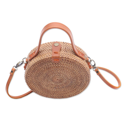 Brown Wheel Round Brown Woven Bamboo Shoulder Bag from Bali (8 inch)