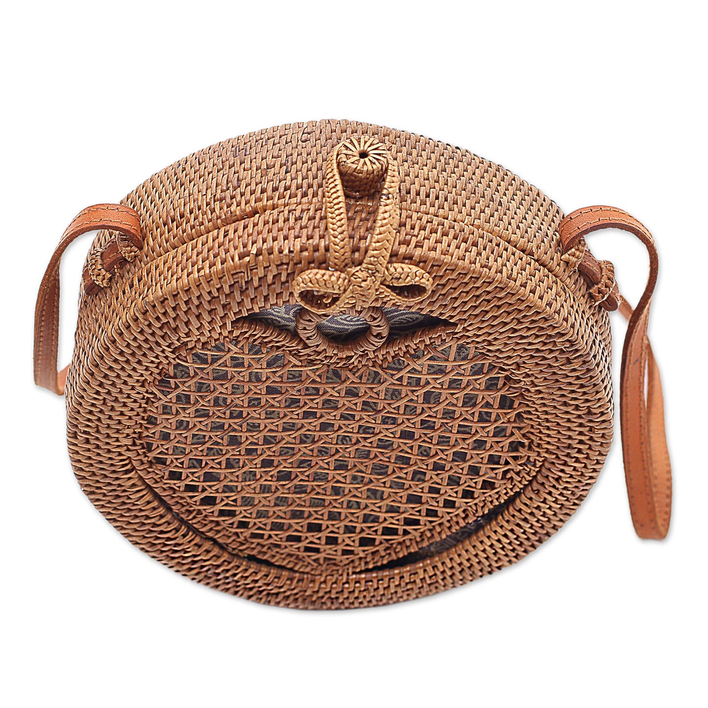 Heart's Delight in Brown Round Woven Bamboo Shoulder Bag with Heart Motif