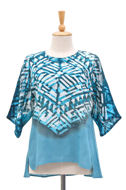 Blue Illusion Blue Cotton Batik Blouse Hand Crafted in Thailand