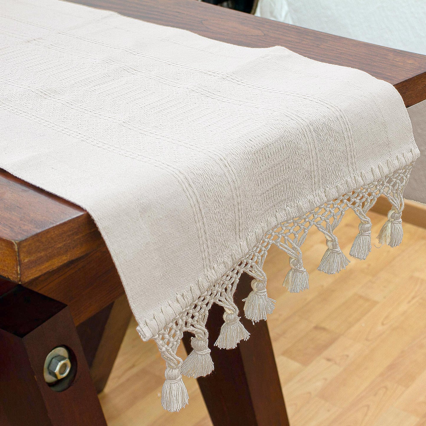 Zapotec Alabaster Handwoven Textured Ivory Cotton Zapotec Table Runner