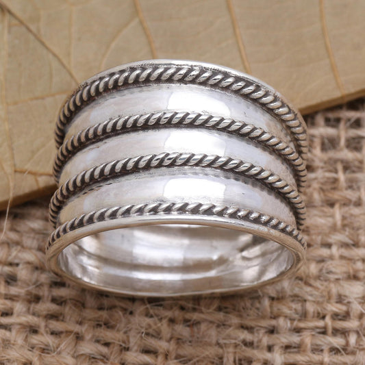Between the Lines Rope Motif Wide Sterling Silver Band RIng