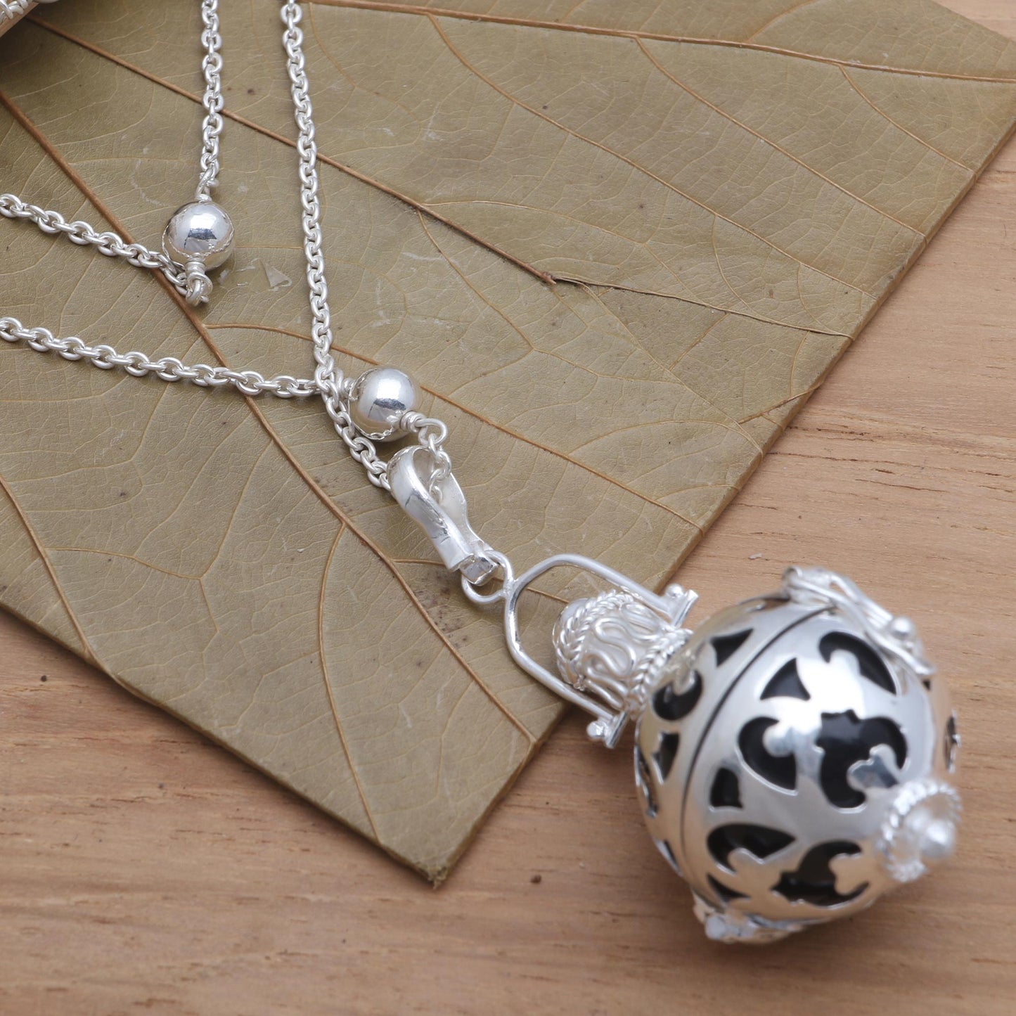 Happy Chime Silver and Black Enamel Harmony Ball Necklace with Onyx