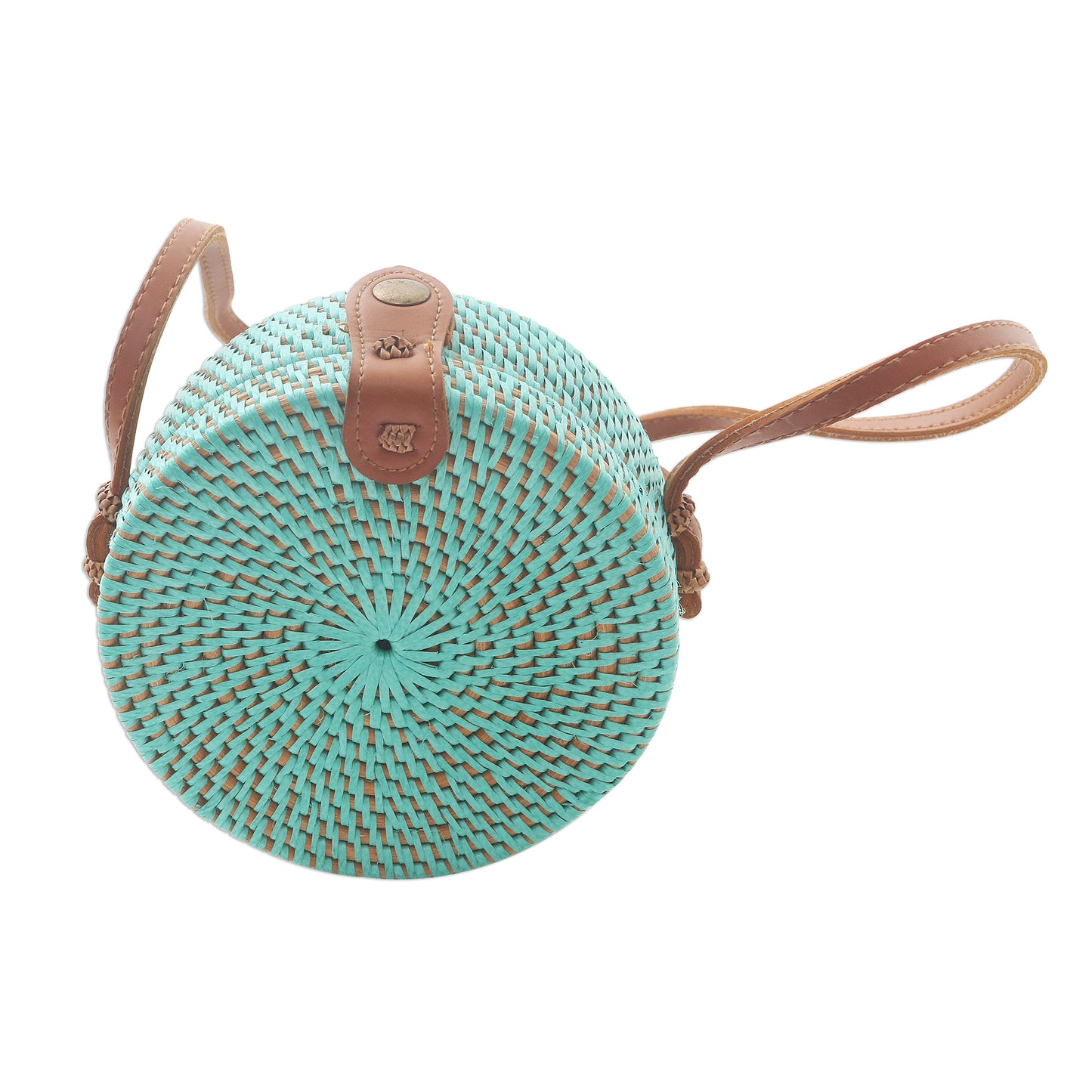 Mint Lombok Circle Handwoven Mint Bamboo Shoulder Bag with Faux Leather Strap