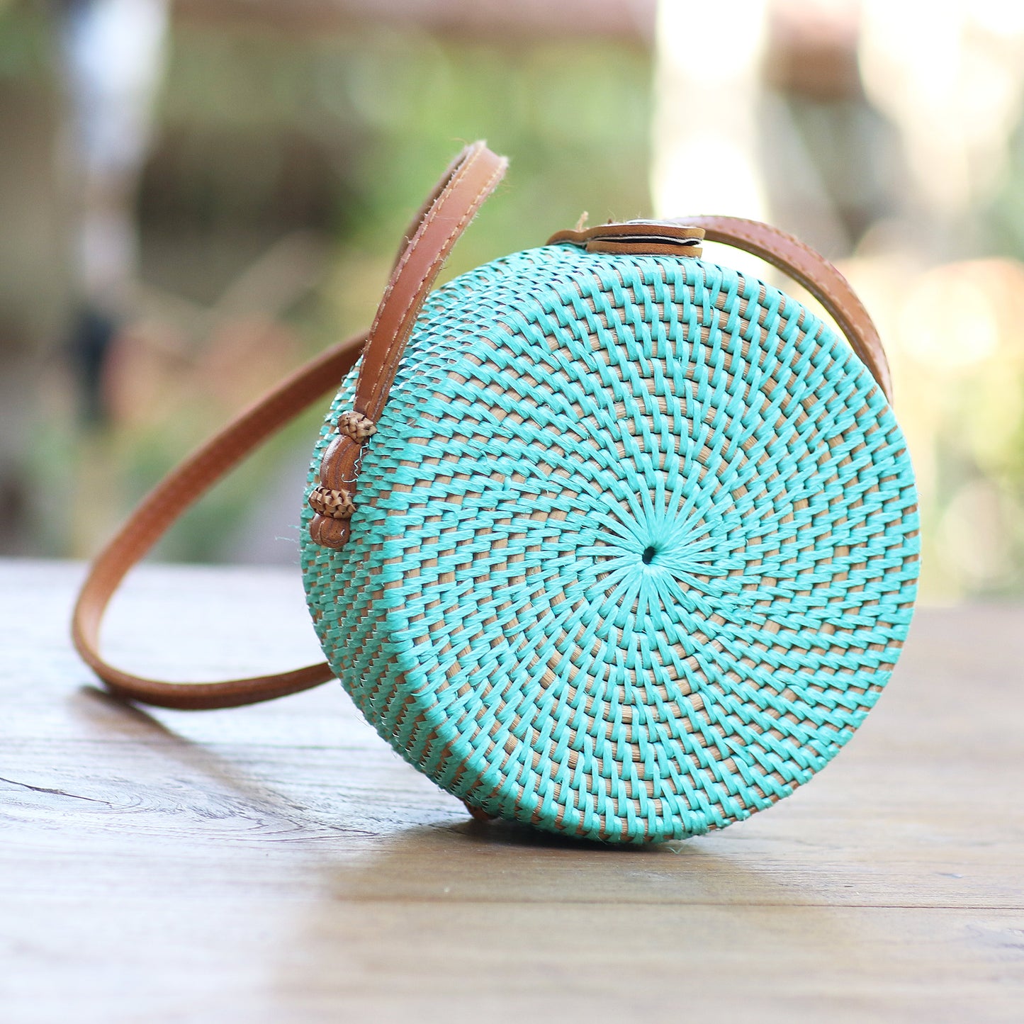 Mint Lombok Circle Handwoven Mint Bamboo Shoulder Bag with Faux Leather Strap