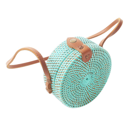 Mint Lombok Circle Handwoven Mint Bamboo Shoulder Bag with Faux Leather Strap