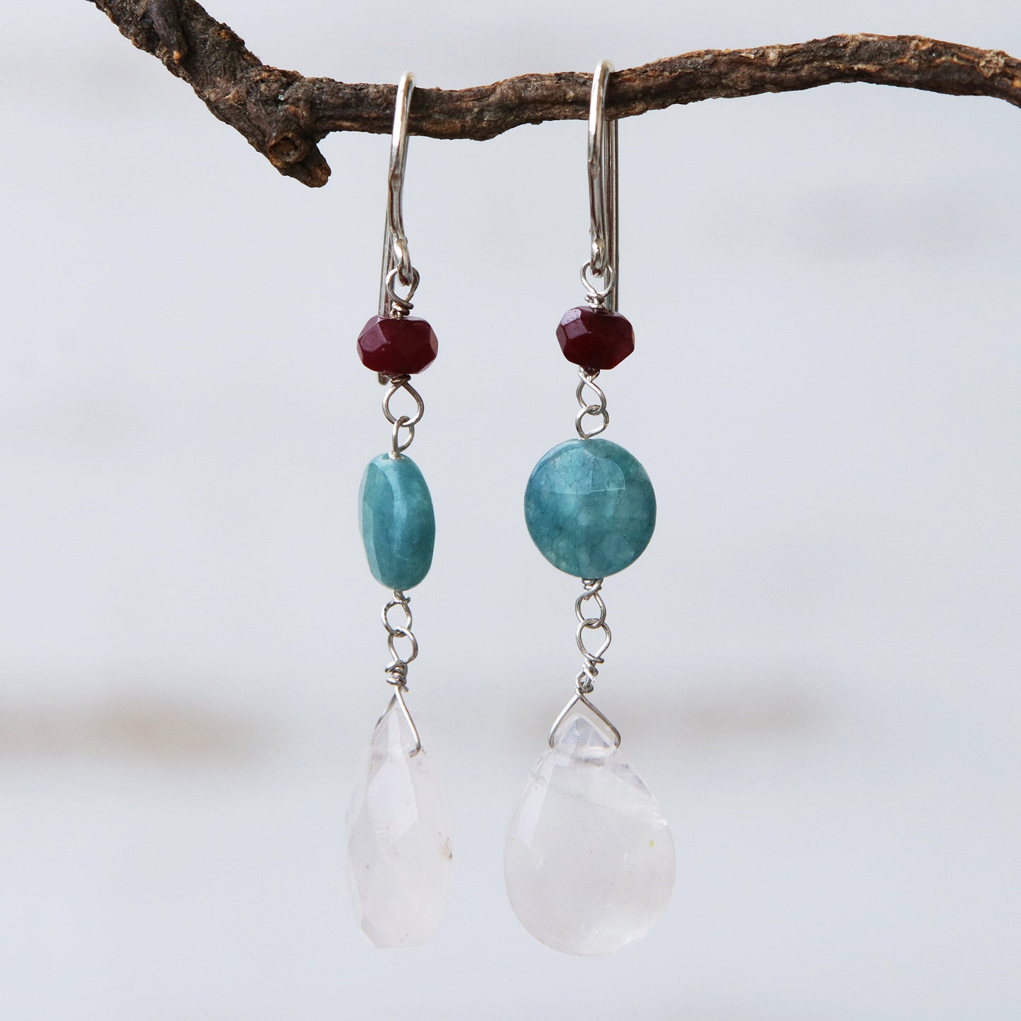 Springtime Colors Brazilian Rose Quartz-Jade- Apatite Dangle Earrings