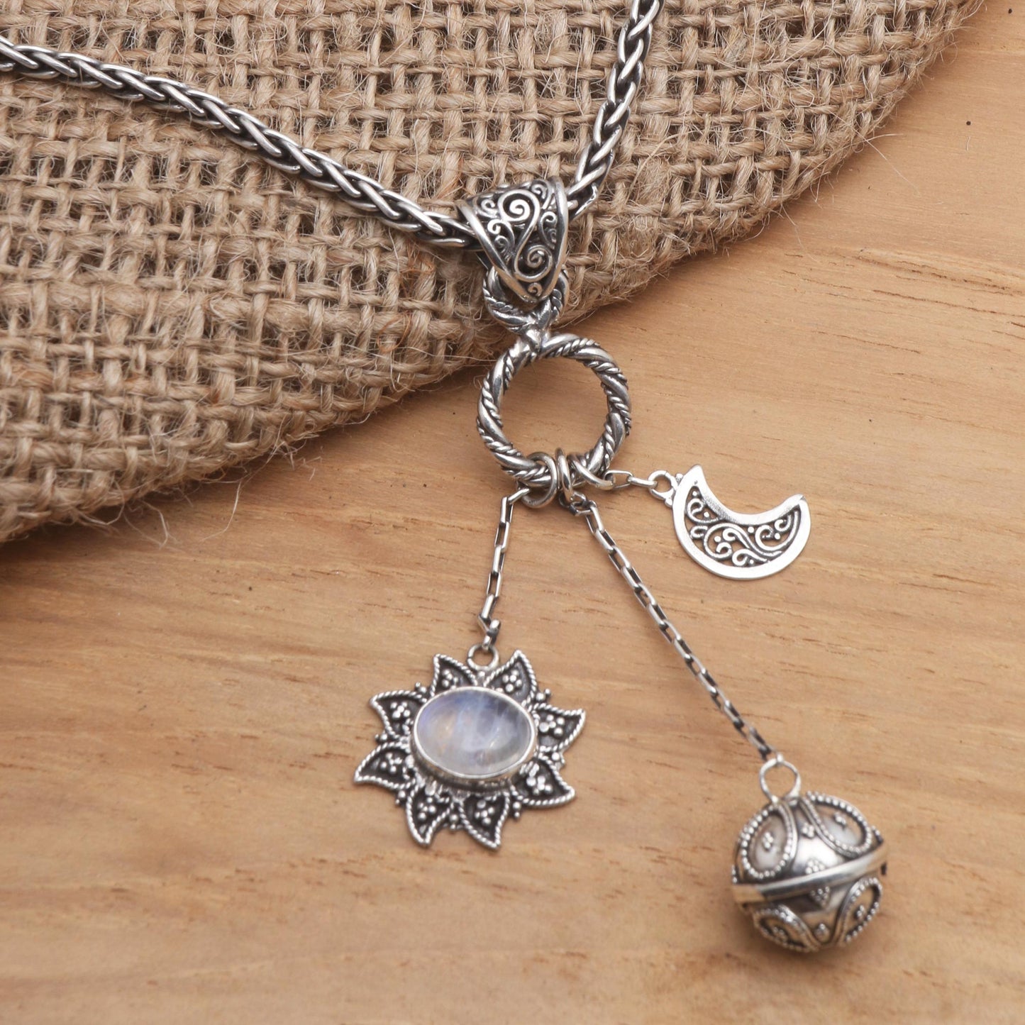 Moon Mother Silver and Rainbow Moonstone Balinese Harmony Ball Necklace