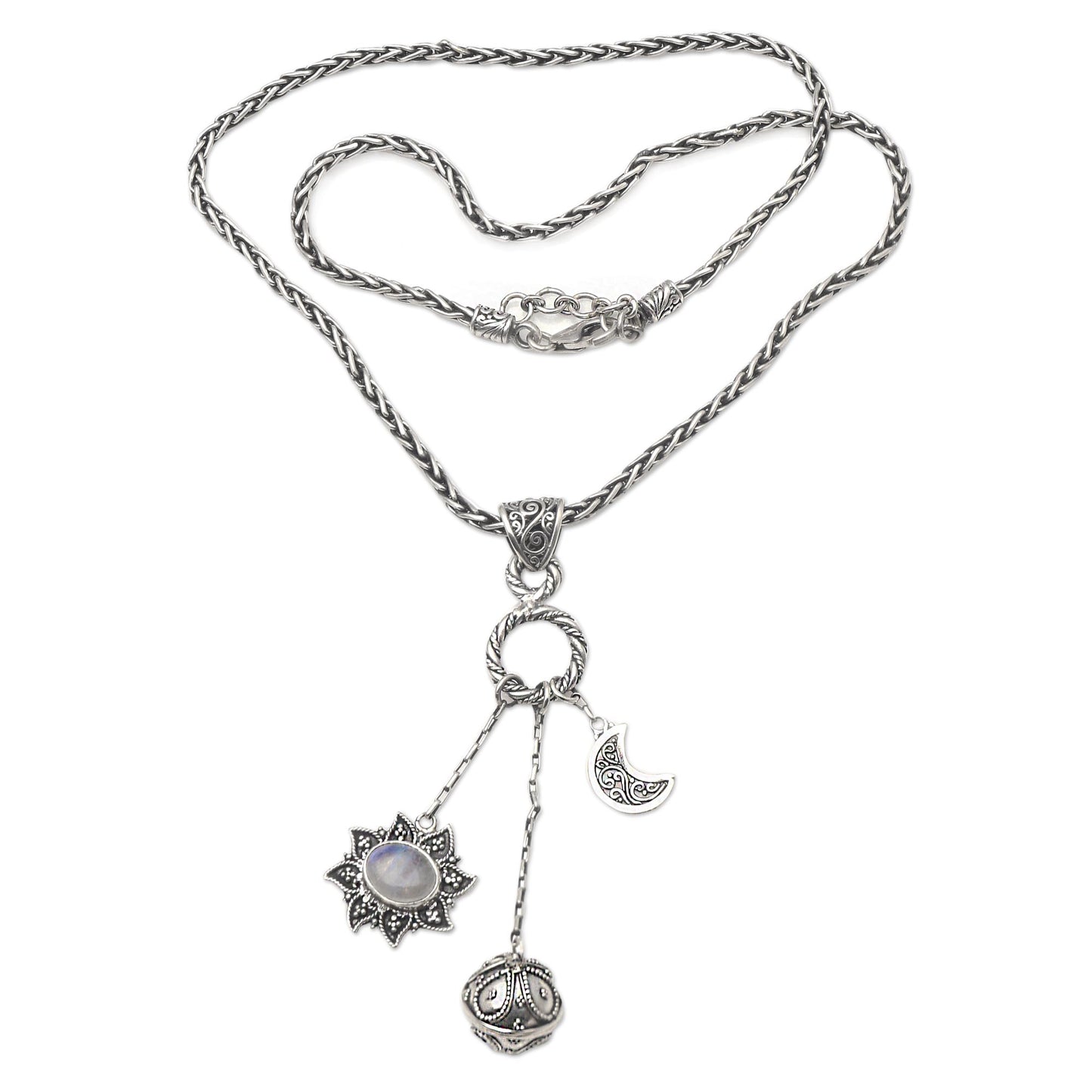 Moon Mother Silver and Rainbow Moonstone Balinese Harmony Ball Necklace