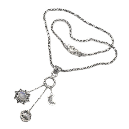 Moon Mother Silver and Rainbow Moonstone Balinese Harmony Ball Necklace