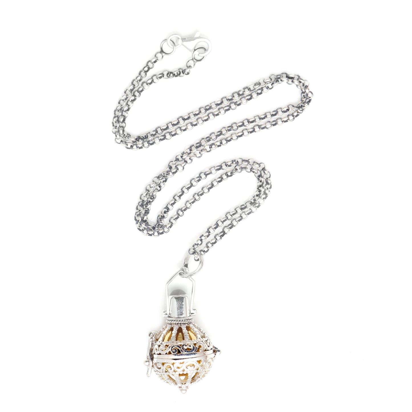 Protective Goddess Silver and Moonstone Harmony Ball Necklace with Brass