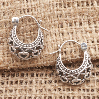 Romantic Mood Heart Motif Sterling Silver Hoop Earrings