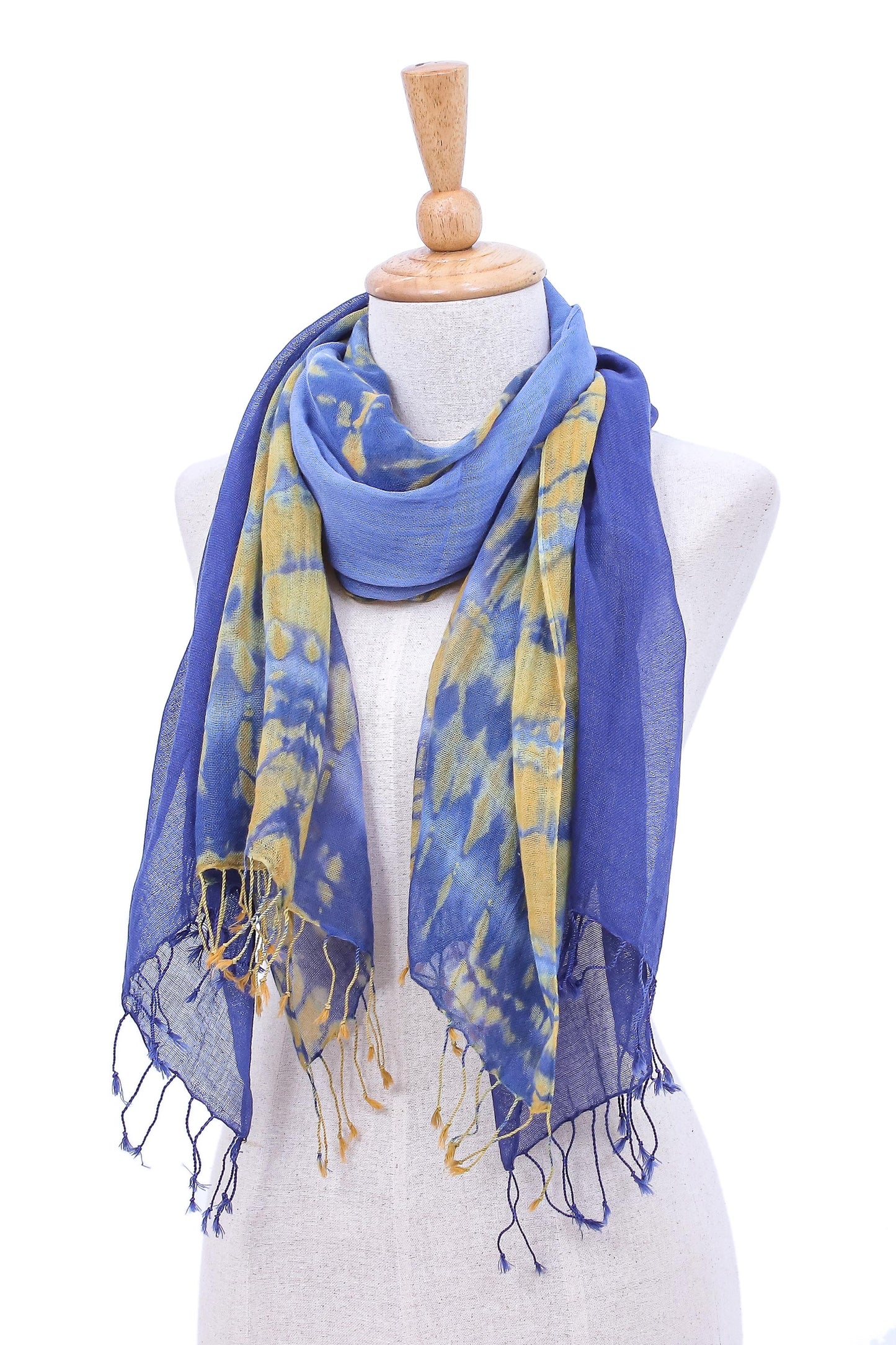 Wave of Love Pair of Cotton Tie-Dye Scarves in Blue and Yellow