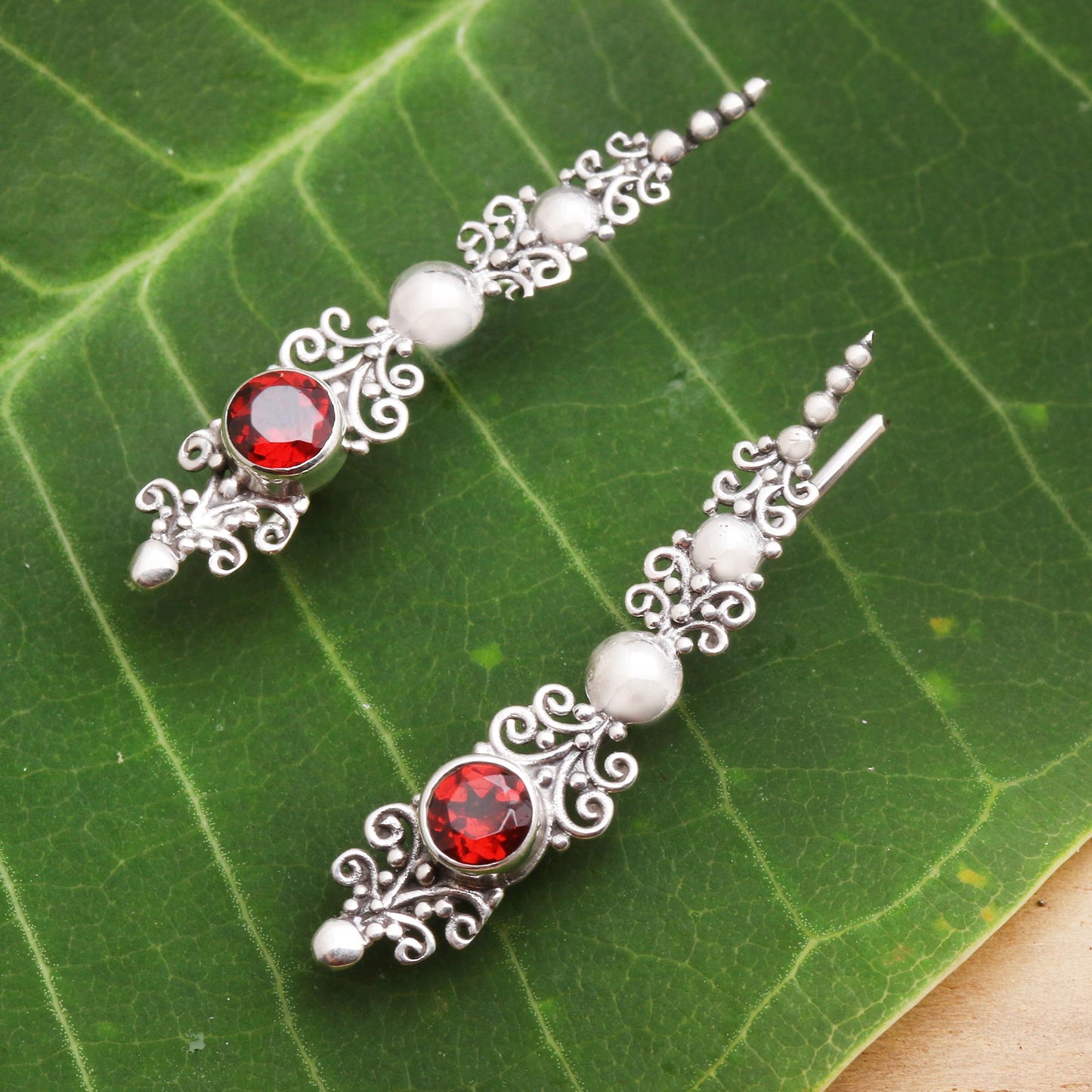 Crimson Penjor Garnet and Sterling Silver Ear Climber Earrings