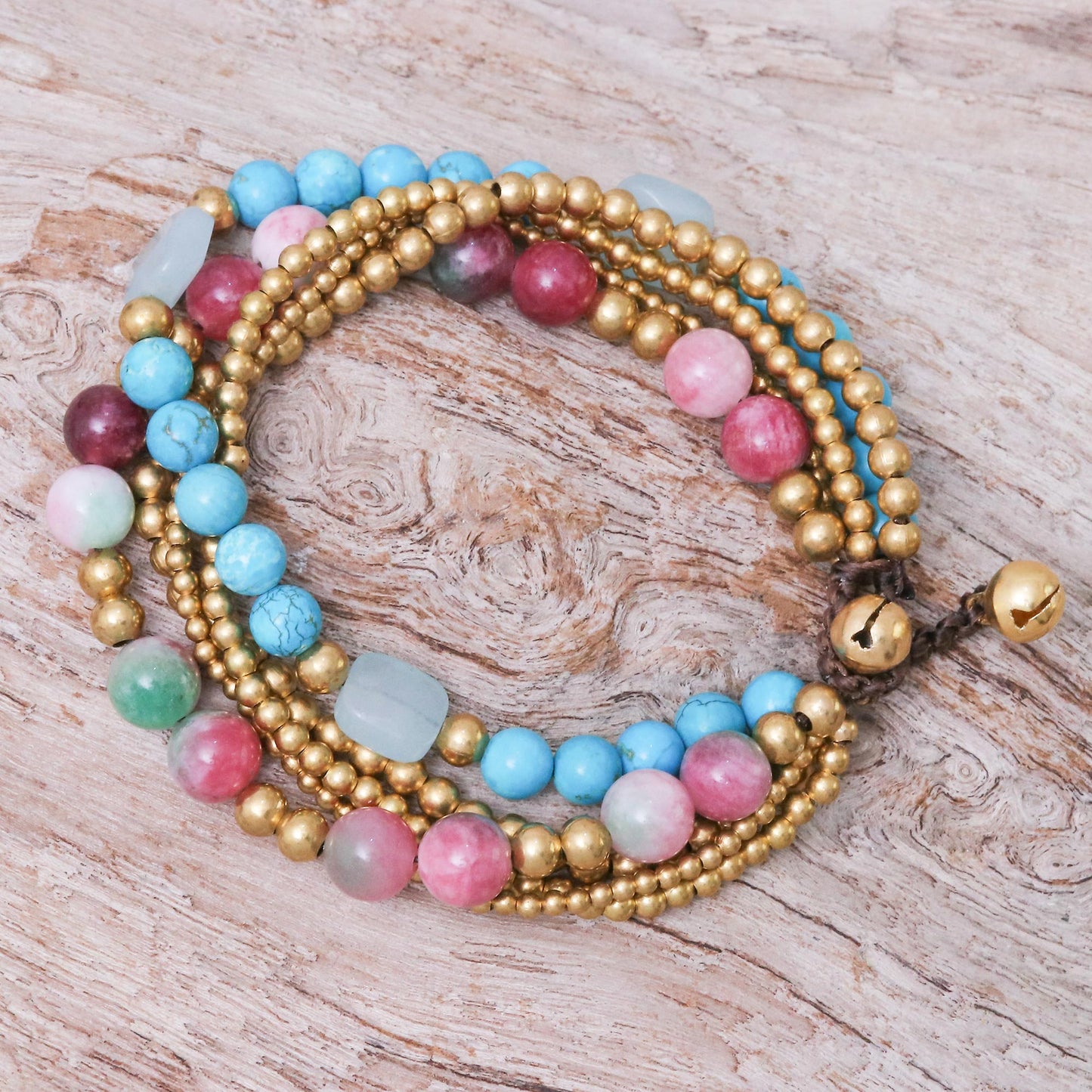 Bohemian Melange Multi-gemstone Beaded Bracelet with Ringing Brass Bells