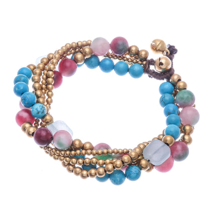 Bohemian Melange Multi-gemstone Beaded Bracelet with Ringing Brass Bells