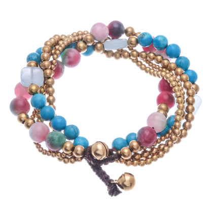 Bohemian Melange Multi-gemstone Beaded Bracelet with Ringing Brass Bells