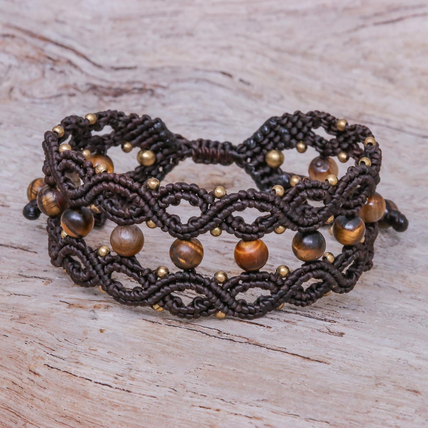 Winsome Earth Tiger's Eye and Brass Beaded Macrame Bracelet