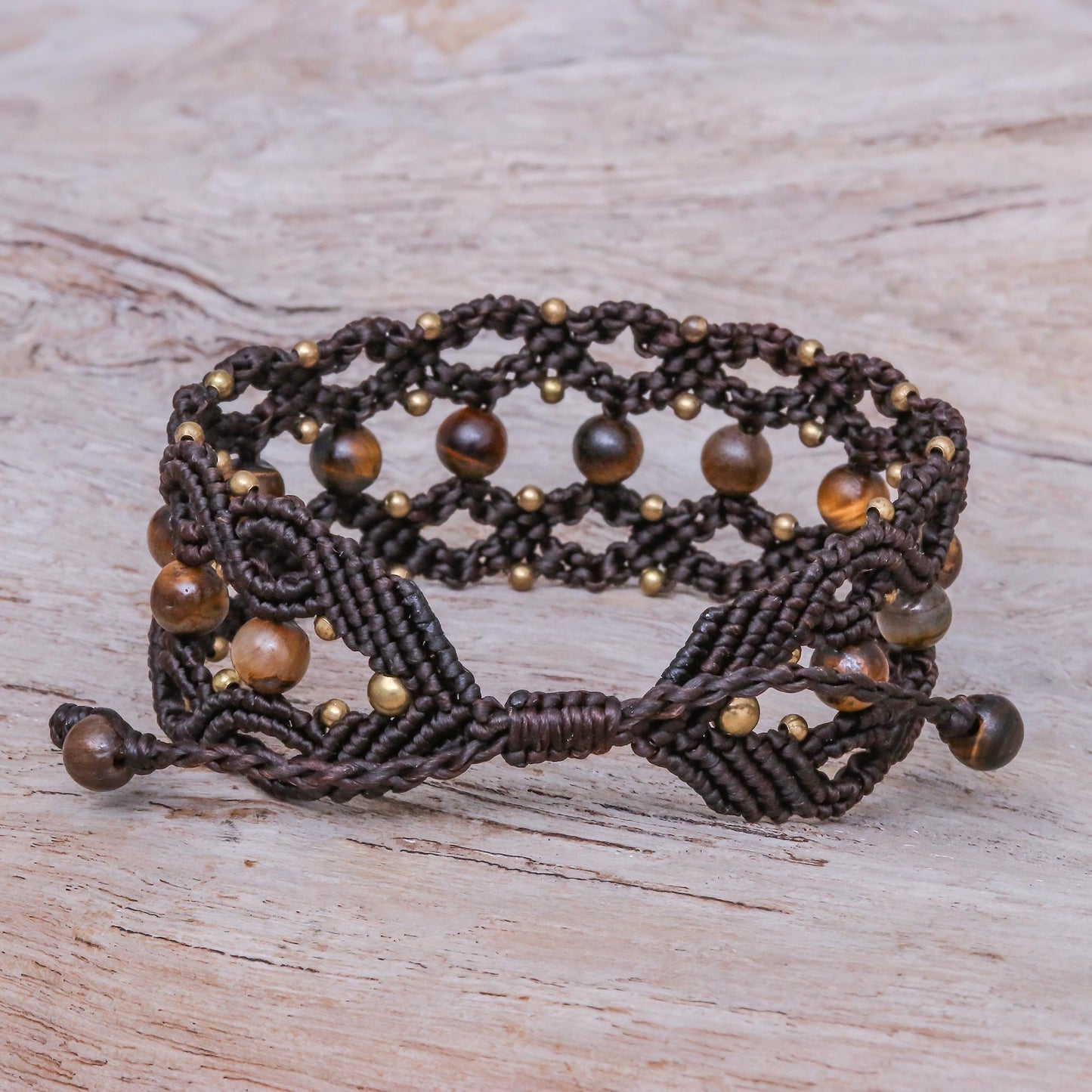 Winsome Earth Tiger's Eye and Brass Beaded Macrame Bracelet