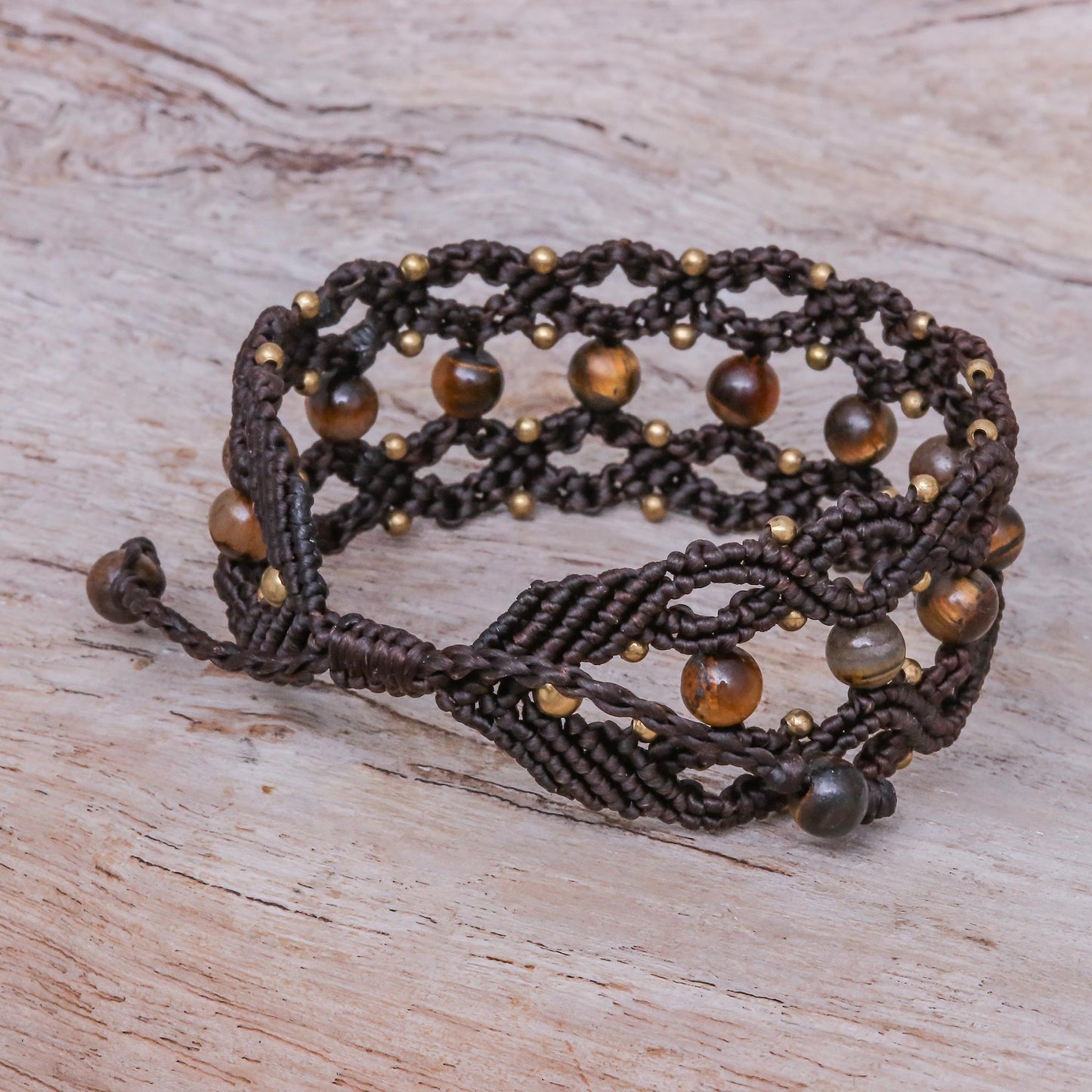 Winsome Earth Tiger's Eye and Brass Beaded Macrame Bracelet