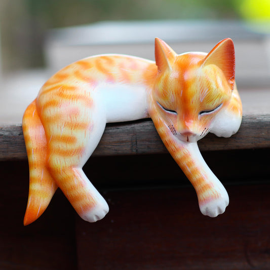 Napping Cat Wood Sleeping Cat Statuette Orange Tabby