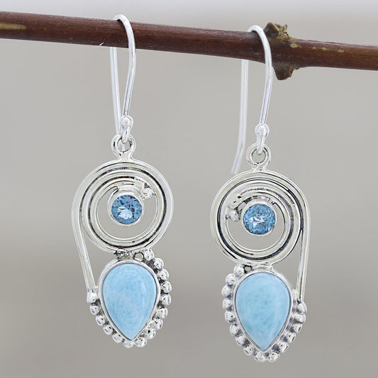 Wondrous Coil Dangle Earrings with Larimar and Blue Topaz