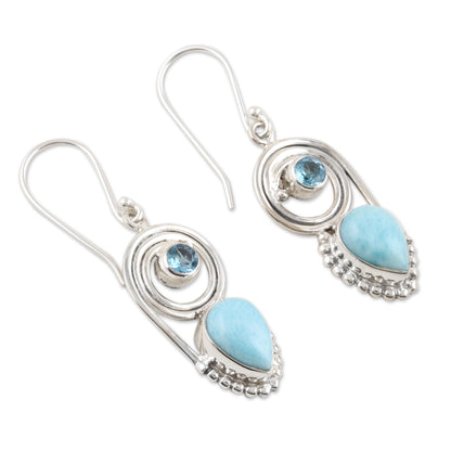 Wondrous Coil Dangle Earrings with Larimar and Blue Topaz