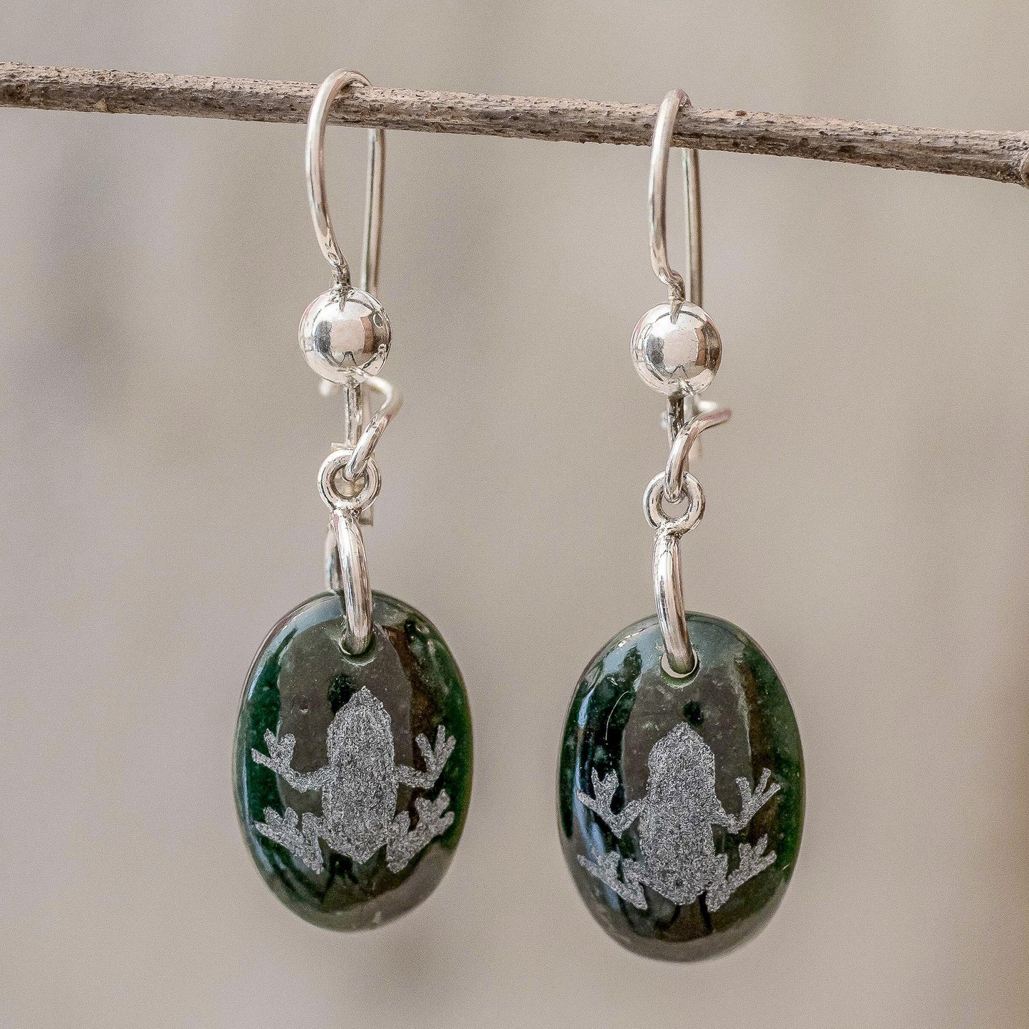 Living Nature - Frog Sterling Silver and Jade Frog Dangle Earrings