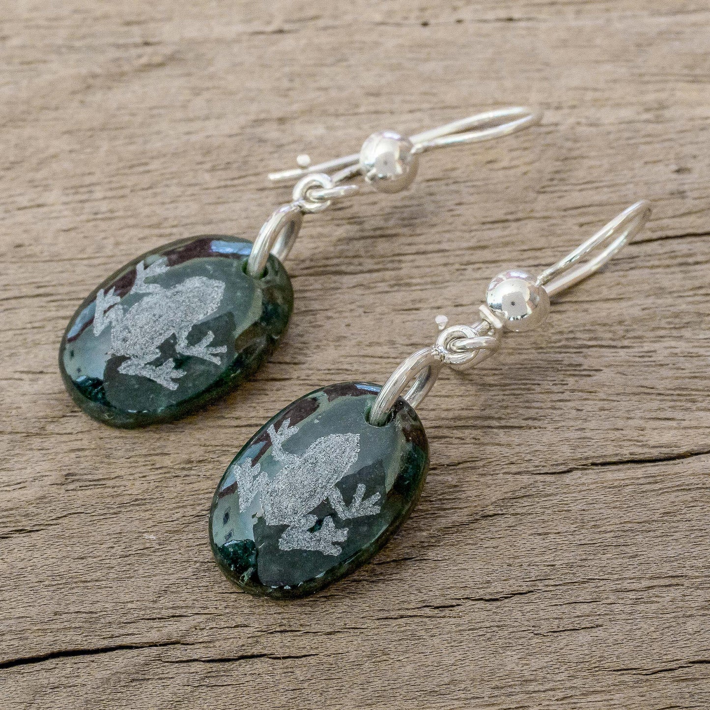 Living Nature - Frog Sterling Silver and Jade Frog Dangle Earrings