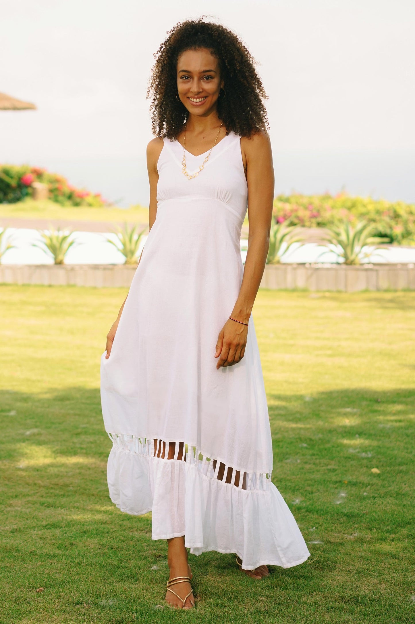 Soiree in White Hand Crafted White Cotton Sundress