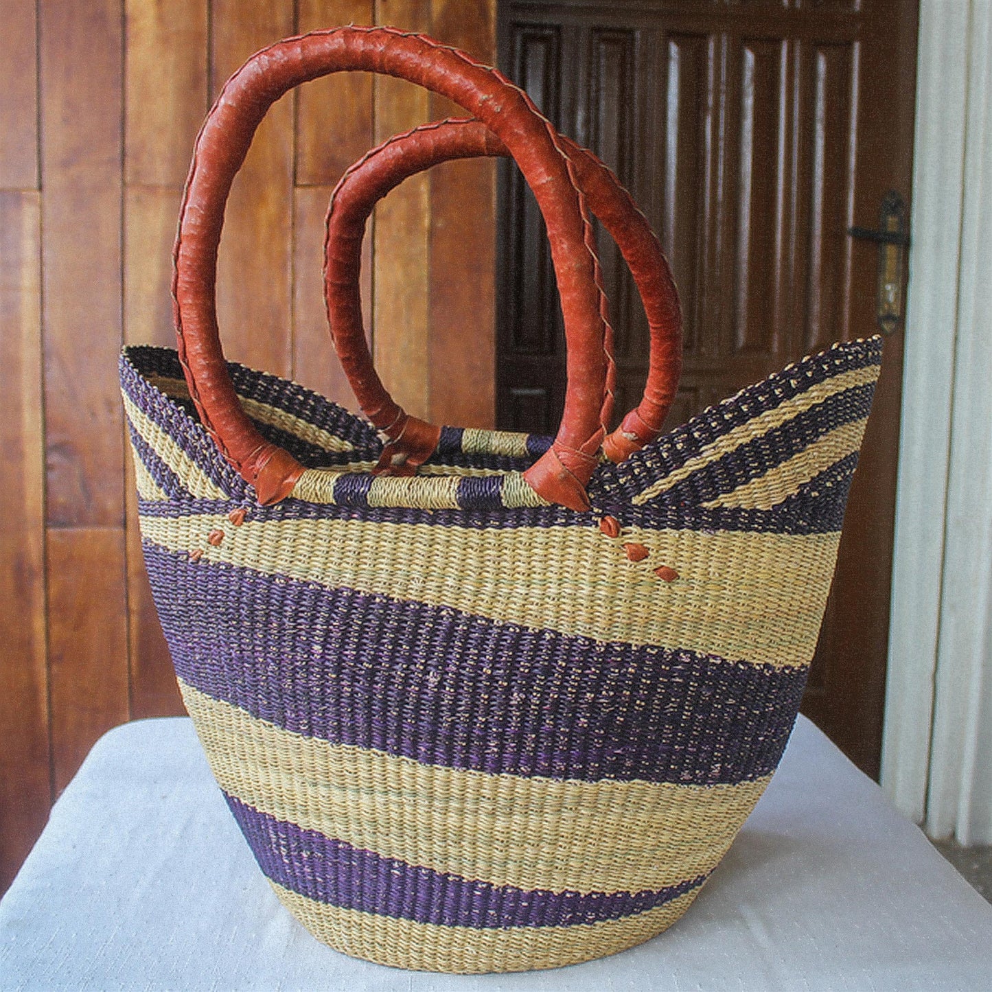 Bawku Blue-Violet Artisan Crafted Purple Striped Raffia Basket Tote Bag