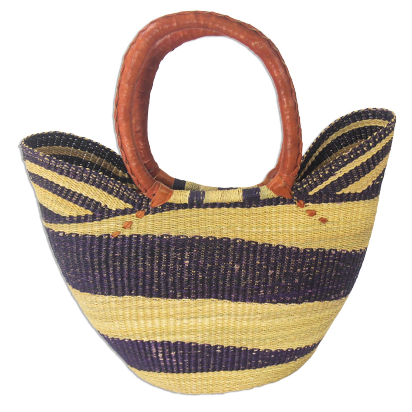 Bawku Blue-Violet Artisan Crafted Purple Striped Raffia Basket Tote Bag