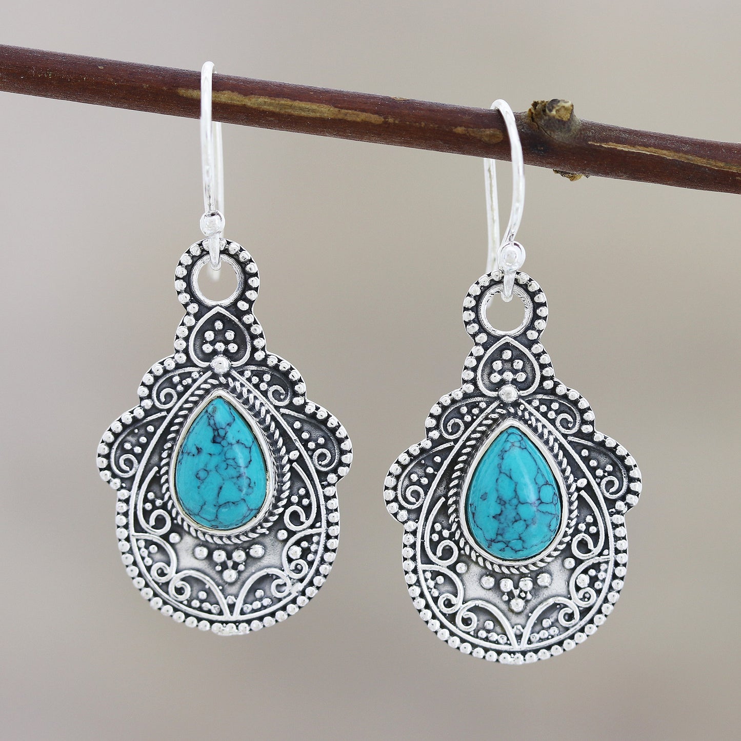 Agra Aesthetic Oxidized Silver and Reconstituted Turquoise Earrings