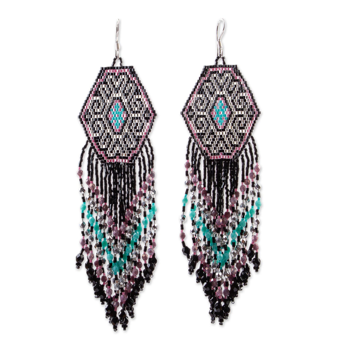 Pink Extravaganza Huichol Beadwork Long Earrings in Black-Pink-Mint